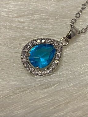 White Gold Austrian Blue Crystal Teardrop Halo Necklace - Nikola Valenti
